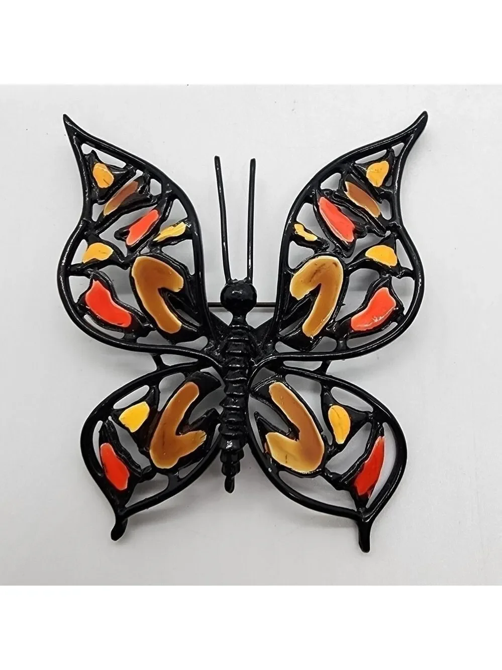 Vintage large black metal enamel Butterfly brooch pin unique